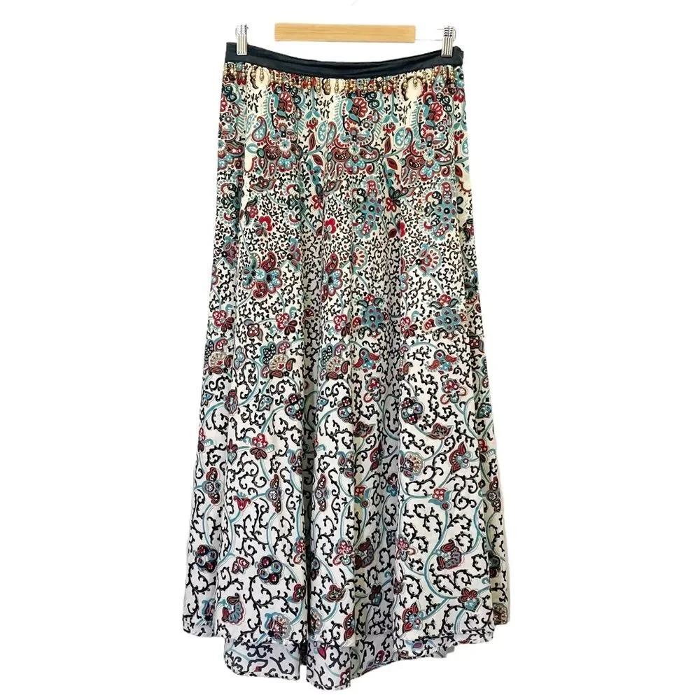 Coldwater Creek Size Medium Maxi Skirt Beaded Trim Peasant Boho Black Red Aqua